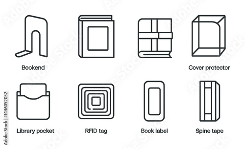 Library and book storage outline icons set – line style organizing, reading, and archive symbols for librarians: bookend, cover protector, library pocket, rfid tag, book label, spine tape.