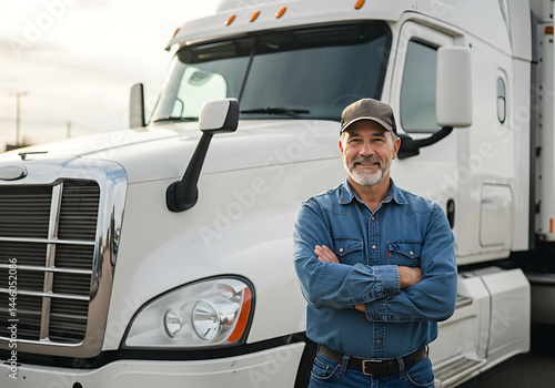 A professional and smiling truck driver stands in front of his white semi truck with confidence.
