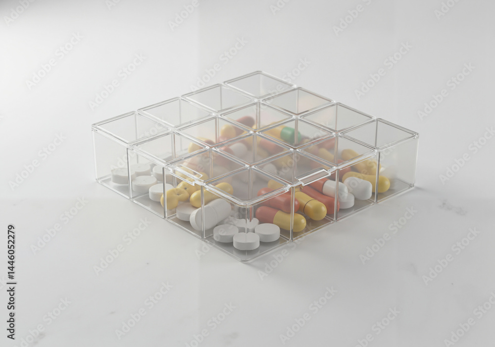Fototapeta premium Clear plastic pill organizer box with multiple compartments, filled with assorted capsules and tablets. Ideal for medication planning, vitamin scheduling, and travel health management. 