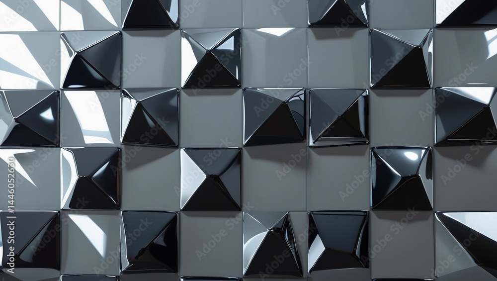 Fototapeta premium Polished, Semigloss Wall background with tiles. Triangular, tile Wallpaper with 3D, Black blocks. 3D Render