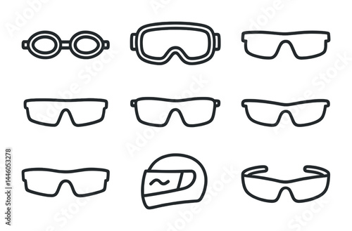 Sports eyewear icons collection – outline style sunglasses, goggles, and helmet protection symbols for active gear: swimming, ski goggles, cycling sunglasses, racing helmet, shield