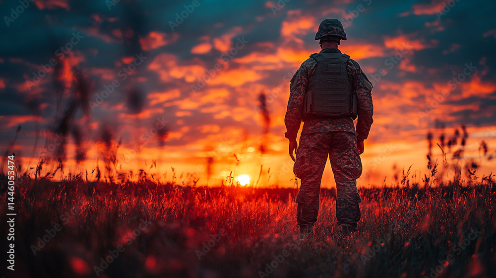 Fototapeta premium Soldier standing in field at sunset, contemplating