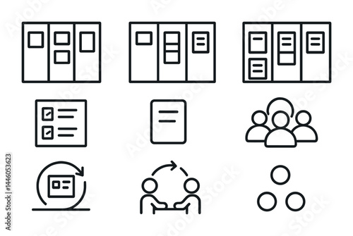 Agile workflow icons set – outline style for project management and scrum: kanban board, backlog, user story, team discussions, planning, iteration, collaboration