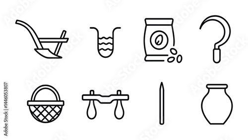 Ancient farming and agriculture outline icon set – line art symbols of historical cultivation and harvest: plow, irrigation, seeds, sickle, basket, yoke, awl, pot.