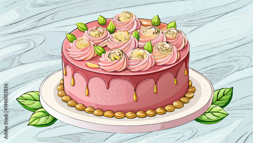 Blush-pink rose cake with silky frosting details.
Topped with emerald pistachios for contrast and charm.
Placed on a smooth marble surface for balance.
Ideal for elegant dessert vectors and wedding me
