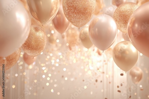 Elegant gold and champagne balloons float amidst sparkling lights, creating a festive and glamorous celebration atmosphere.