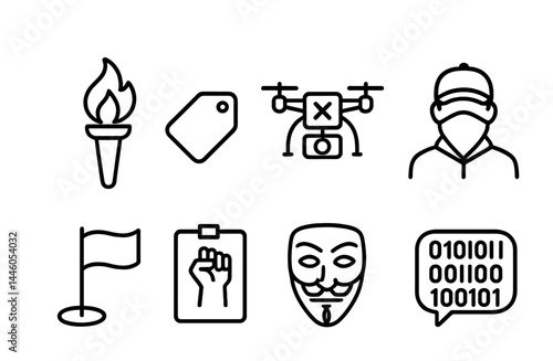 Activism and protest outline icons – linear style social justice, advocacy, and movement symbols for awareness: torch, tag, drone, protestor, flag, clipboard, mask, speech bubble.