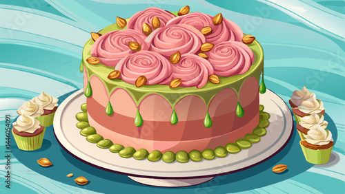 Blush-pink rose cake with silky frosting details.
Topped with emerald pistachios for contrast and charm.
Placed on a smooth marble surface for balance.
Ideal for elegant dessert vectors and wedding me