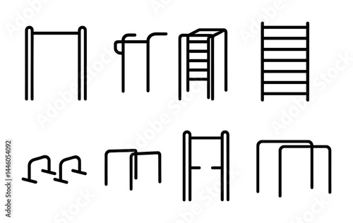 Fitness equipment icon set – outline style gym and workout symbols for health and training: pull-up bar, parallettes, stall bars, dip station, monkey bars, climbing frame, horizontal ladder