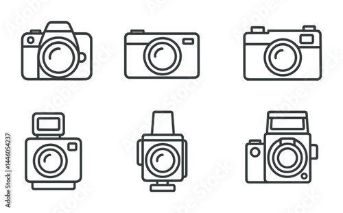 Camera icons set - linear style for photography, photography enthusiasts: dslr, compact, rangefinder, polaroid, instant, film camera, flash.