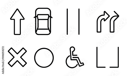 Traffic symbol set with arrows, road markings, and accessibility icons for signage and design