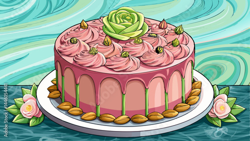 Blush-pink rose cake with silky frosting details.
Topped with emerald pistachios for contrast and charm.
Placed on a smooth marble surface for balance.
Ideal for elegant dessert vectors and wedding me