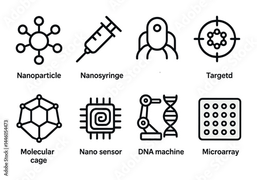 Nanotechnology icon set – outline style science, innovation, and molecular design symbols for research: nanoparticle, nanosyringe, targeted, molecular cage, nano sensor, dna machine, microarray.