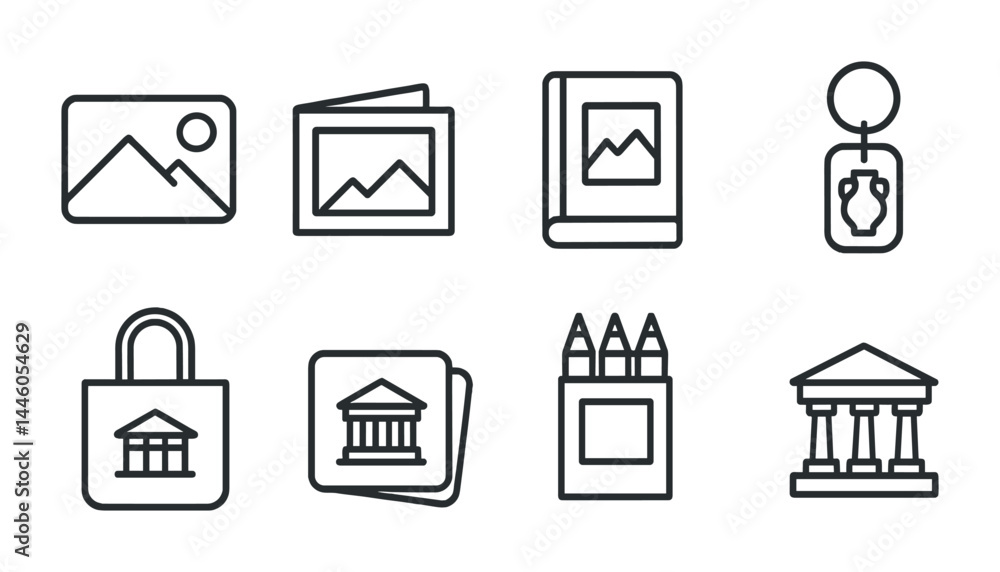 Art and photography outline icon set – linear style creativity, imagery, and design symbols: picture, gallery, photo album, art book, keychain, tote bag, pencils, museum. Art and photography outline icon set – linear style creativity, imagery, and design symbols: picture, gallery, photo album, art book, keychain, tote bag, pencils, museum.