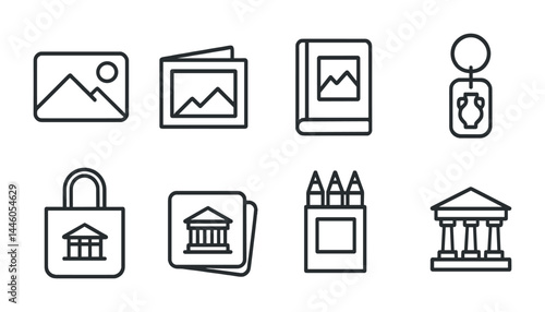 Art and photography outline icon set – linear style creativity, imagery, and design symbols: picture, gallery, photo album, art book, keychain, tote bag, pencils, museum.