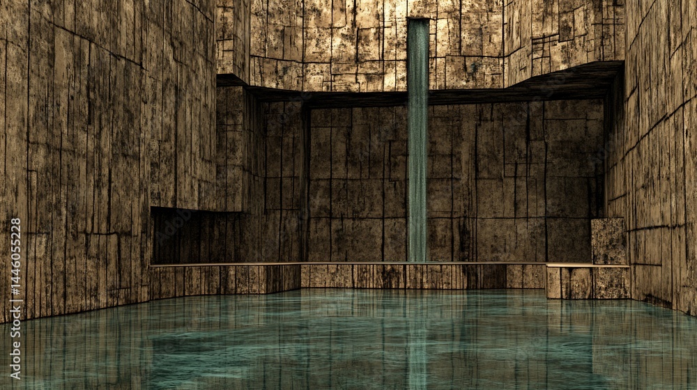 Stone chamber with waterfall and reflecting pool