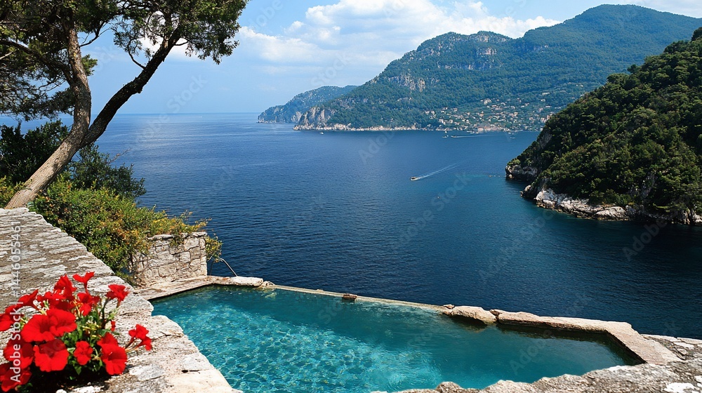 Cliffside pool overlooking the sea and lush mountains. Red flowers bloom in front