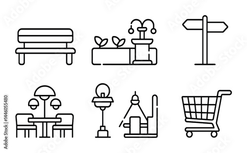 Urban design elements including park bench, fountain, and shopping cart icons for city planning and decorations