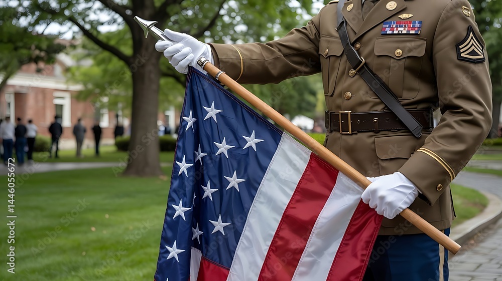 Naklejka premium Military Funeral for memorial day of USA , a solider holding USA flag with white gloves wearing and holding USA flag with both hands, memorial day background, created with generative ai