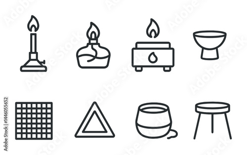 Science lab equipment icons collection – outline style chemistry, research, and laboratory symbols for educational use: bunsen burner, beaker, burner stand, wire gauze, tripod.