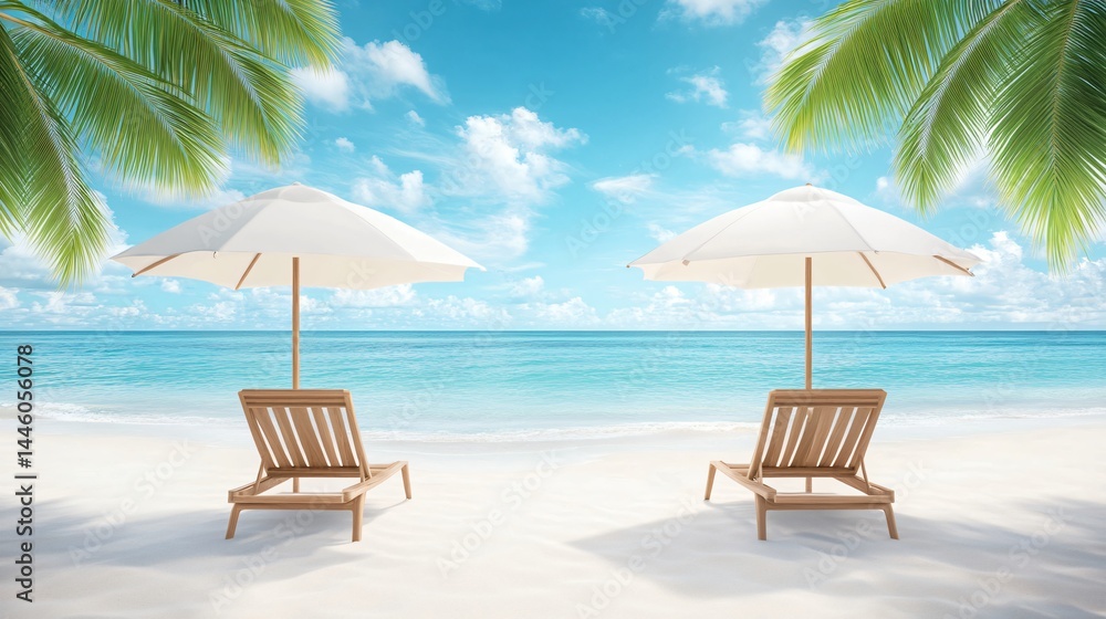Obraz premium Tropical beach scene, two wooden lounge chairs beneath white umbrellas, clear blue sea and sky, inviting relaxation and leisure.