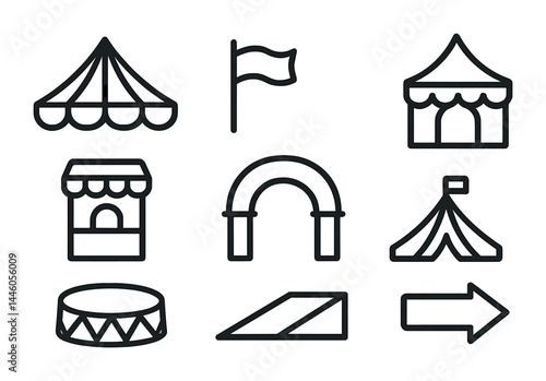 Circus and carnival line icons set – outline style amusement, entertainment, and festival symbols: tent, flag, booth, arch, big top, stage, banner.