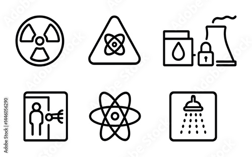 Nuclear safety outline icon set – linear industry, radiation, and hazard symbols for environmental protection: radiation, nuclear plant, shower, atom, biohazard, security, monitoring.