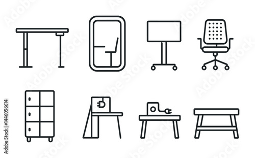 Office furniture outline icons set – linear style work, workspace, and interior design symbols for setup: desk, chair, whiteboard, locker, table, workstation, outlet.