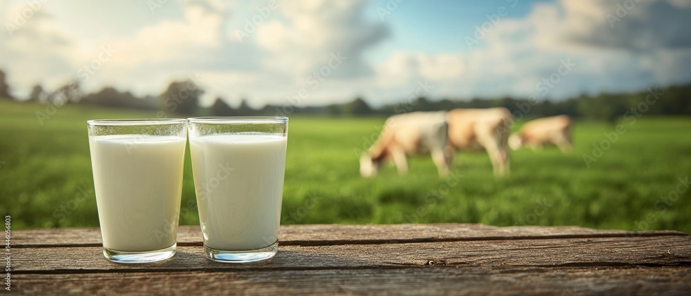 Two glasses of fresh milk on rustic wood table with holstein cows Two glasses of fresh milk on rustic wood table with holstein cows