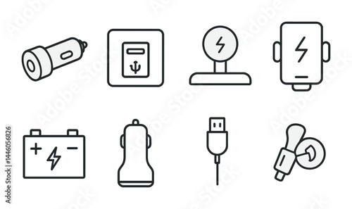 Electric car charger icon set - outline style energy solutions for eco-friendly vehicles: charging station, usb port, battery, adaptor, plug, connector, cable