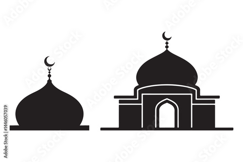 Black silhouette vector set of Islamic mosques with crescent moons isolated on white background for Ramadan, Eid Mubarak, Muslim architecture, prayer place, and religious celebration graphics"