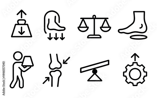 Biomechanics and physiology icon set – outline style human movement and health symbols: weightlifting, foot pressure, balance scale, foot anatomy, joint, dynamometer, equilibrium