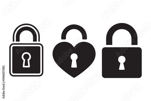 Black silhouette vector set of padlocks including heart and square shapes with keyholes isolated on white background for security, love, privacy, password protection, and romantic access icons"
