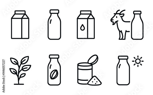 Dairy and plant-based beverage outline icons set – linear style milk, vegan, and nutrition symbols for packaging: milk carton, bottle, goat, plant, can, sun.