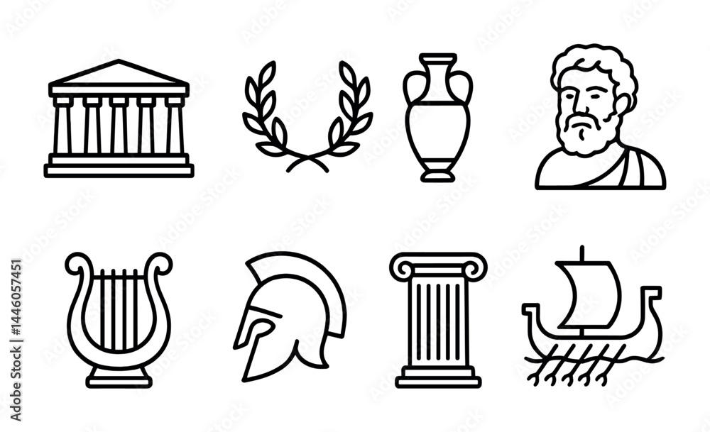 Fototapeta premium Ancient greek culture icons set – outline style mythology, history, and architecture symbols for education: temple, laurel, amphora, philosopher, lyre, helmet, column, ship.