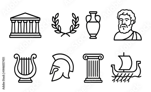 Ancient greek culture icons set – outline style mythology, history, and architecture symbols for education: temple, laurel, amphora, philosopher, lyre, helmet, column, ship.