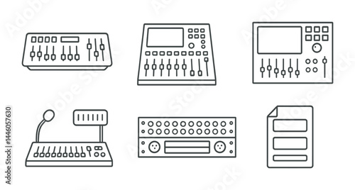 Audio equipment outline icons set – linear style sound, music, and recording symbols for production: mixer, soundboard, console, microphone, amplifier, speaker, deck.