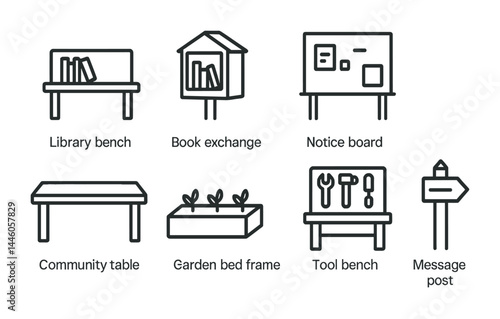 Community library and gardening icons – outline style resources and tools symbols for public spaces: library bench, book exchange, notice board, garden bed frame, tool bench.
