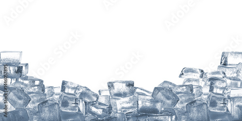 Pile of clear ice cubes on white background