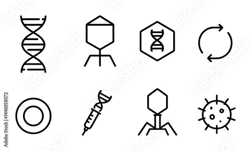 Genetic science linear icon set – outline style biology, lab, and molecular symbols for scientific research: dna, virus, bacteriophage, petri dish, syringe, cycle, biohazard.