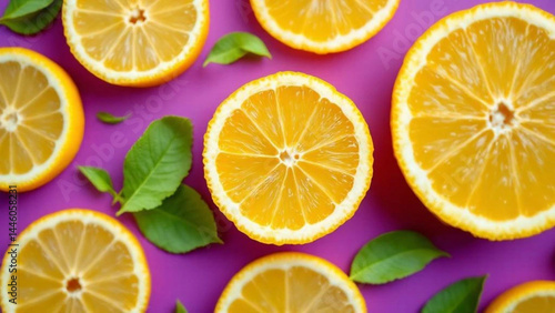 Obraz na płótnie Slices of orange on purple background. w salonie