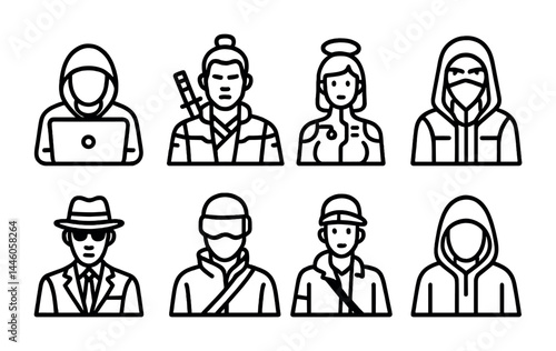 Character silhouette icon set - outline style role-playing, gaming, and online personas for digital design: hacker, samurai, angel, ninja, detective, soldier, hooded figure.