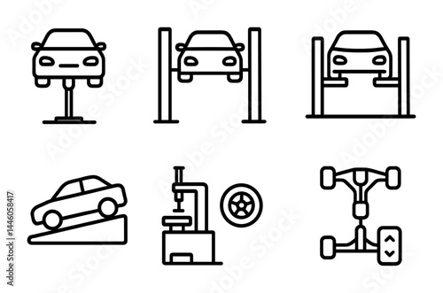 Car maintenance and repair line icons set – outline style auto service, workshop, and tools symbols for vehicle upkeep: lift, inspection, axle, tire, suspension, alignment