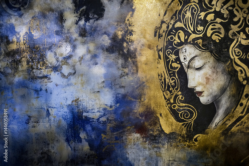 Contemplative woman in golden art. The artwork features a serene figure with intricate patterns and a blend of blue and gold textures.