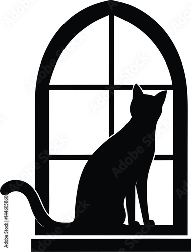 silhouette of a cat stretching on windowsill 