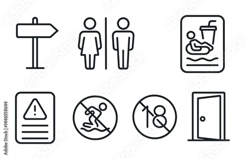 Public facility outline icon set – line style bathroom signs, safety notices, and accessibility symbols for wayfinding: restroom, pool rules, no swimming, age restriction, exit.