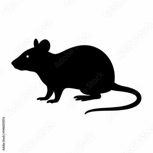 Black rat silhouette sitting on the ground isolated on white background