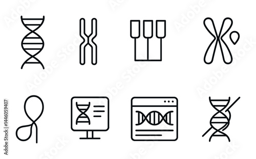 Genetics and dna outline icons set – line art biology, research, and science symbols for educational resources: dna helix, chromosome, test tubes, genetic marker, genome, research screen, dna website