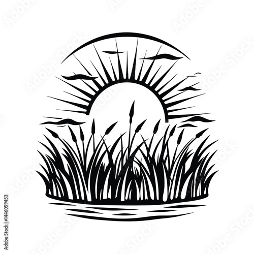 Black Silhouette Reeds, Sun, and Water Minimalist, Simple Illustration, Nature
