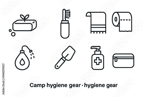 Camping hygiene gear outline icons – line style essentials for outdoor health and cleanliness: soap, toothbrush, towel, toilet paper, shower, hand sanitizer, pouch.